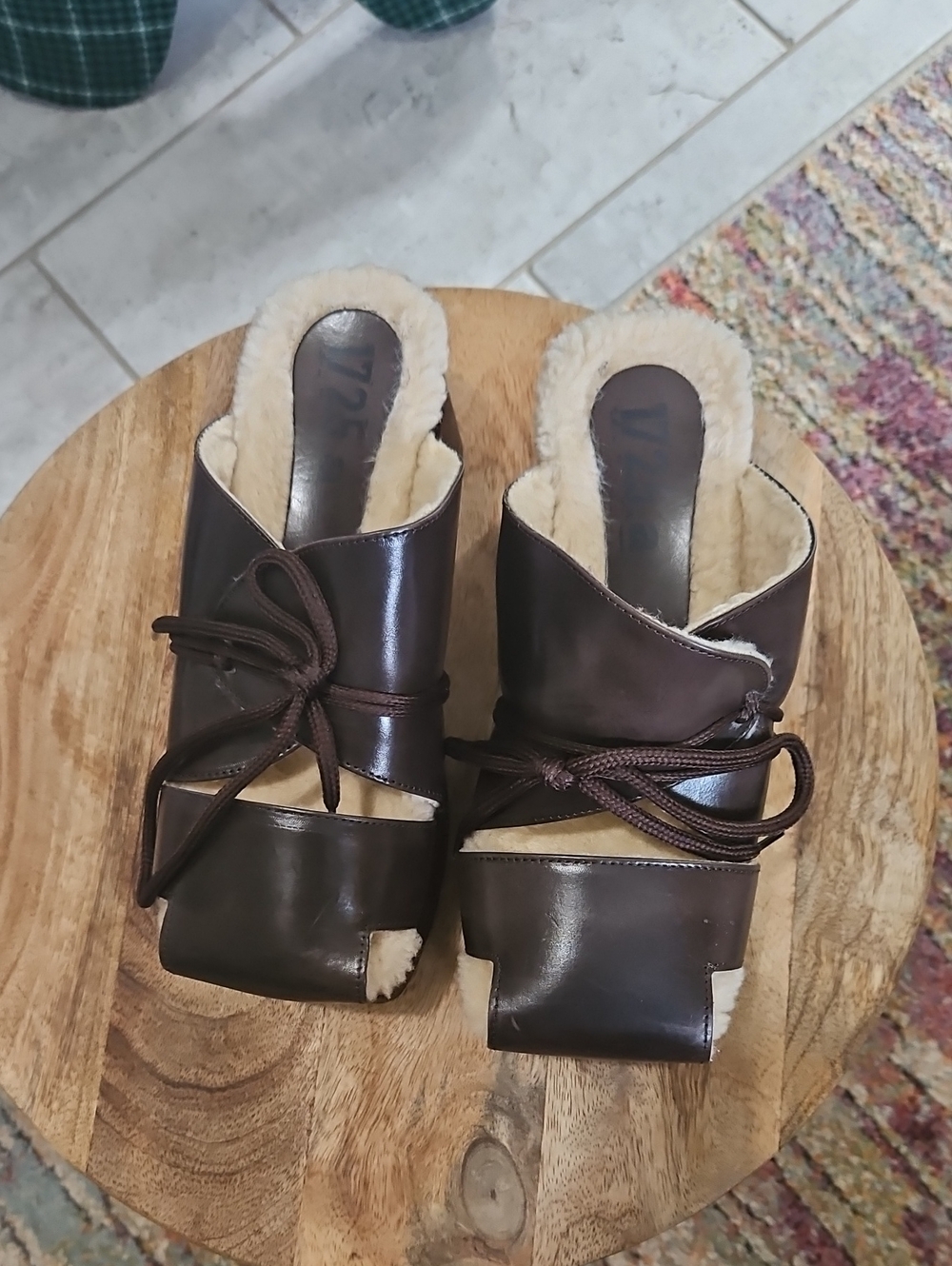 1725.a Women's Brown Leather Shearling Mule Slides